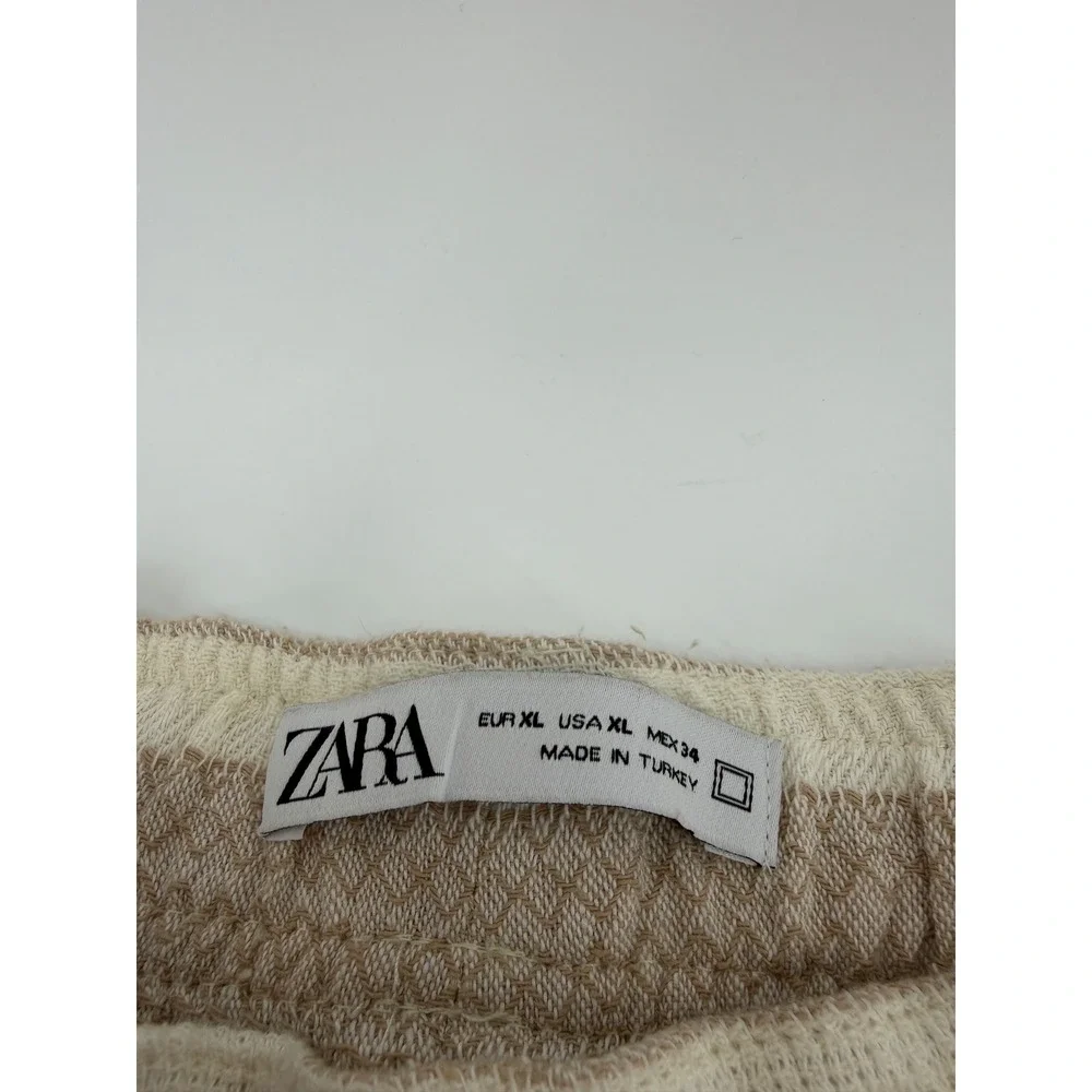 Zara Womens XL Tan Cream Striped Textured Drawstring Tapered Pants